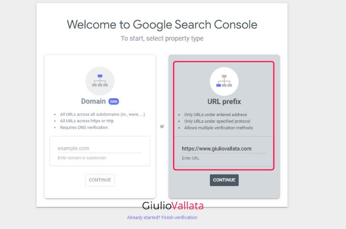 Google Search Console, URL prefix authentication