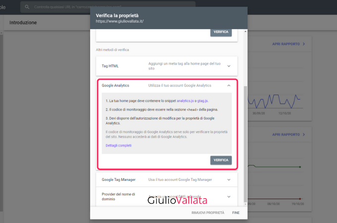 Google Search Console, verifica Analytics, Tag Manager