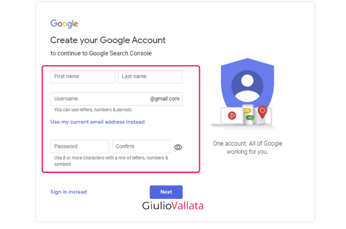 Search console account creation