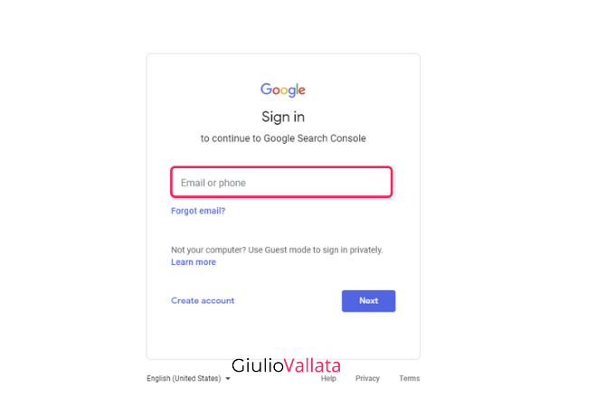 Google Search Console login page