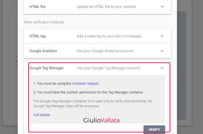 Google Search Console, Google Tag Manager verification