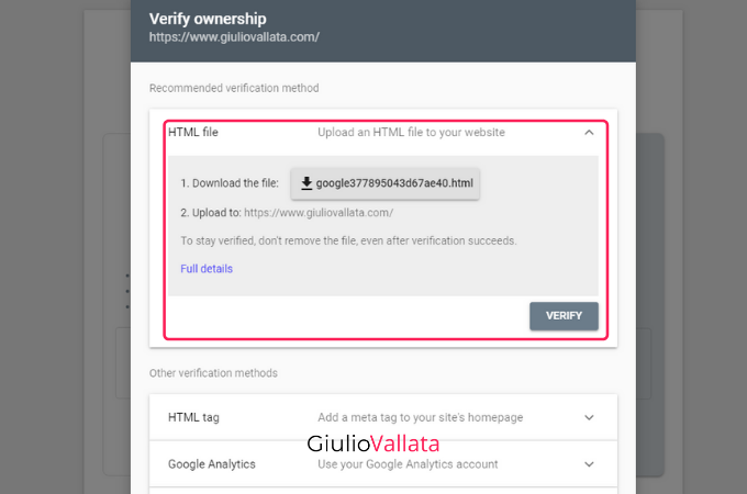 Google Search Console URL verification with HTML file